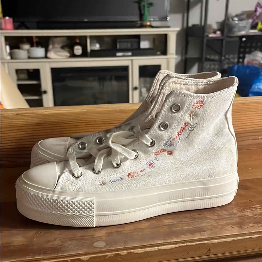 Converse White High-Top Sneakers with Floral Embroidery